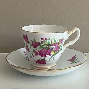 VTG Regency China, England Teacup & Saucer, Purple Floral Print, Gold Trim